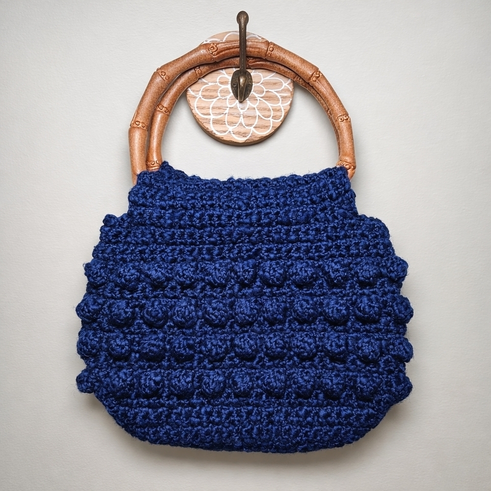 Handmade Navy Blue Crochet Bamboo Handle Purse Boho Vintage Style Handbag - Picture 3 of 6